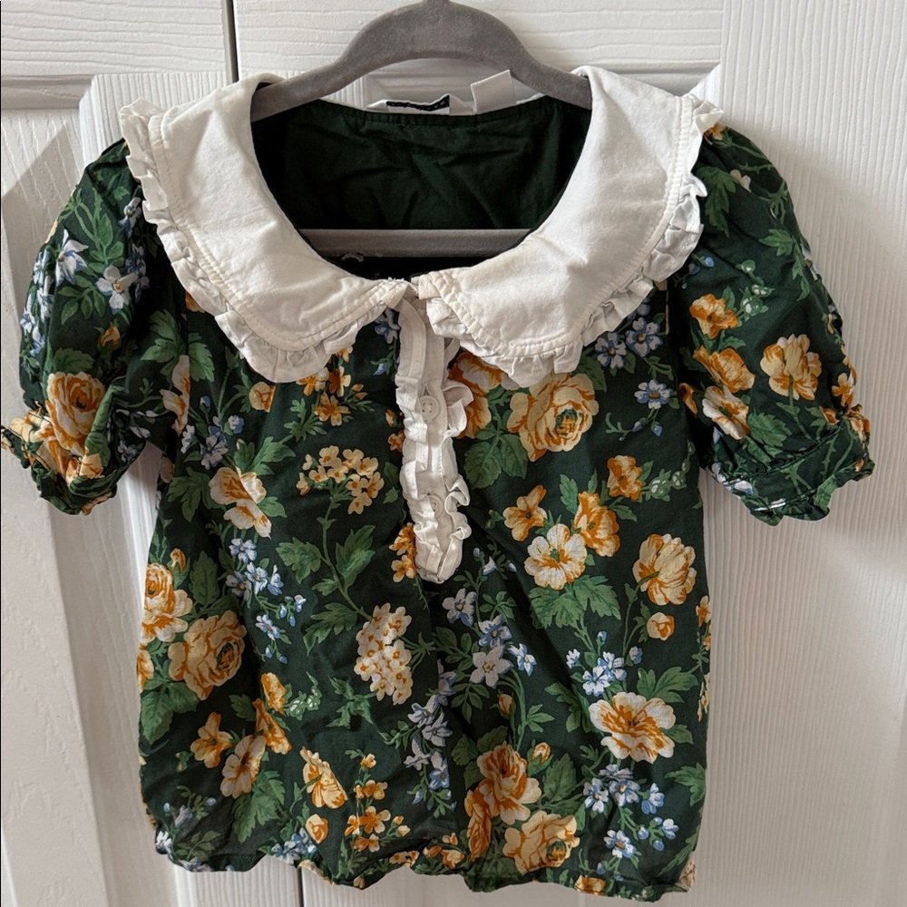Janie and Jack Green Floral Blouse with White Collar